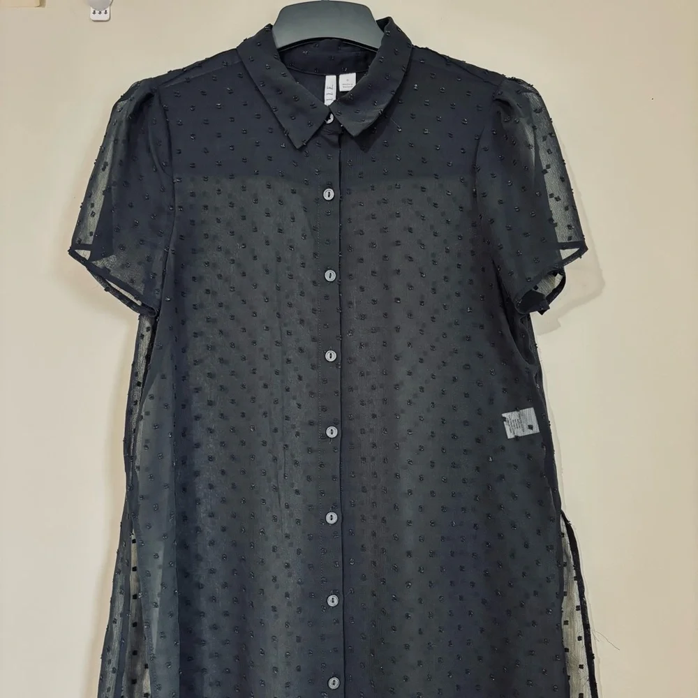 Elle black sheer button up high low short sleeve relaxed long shirt duster Small